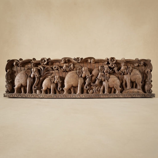 Gaja Yatra Lintel - Hand Carved in Poola Wood from Madhavamala, Andhra Pradesh