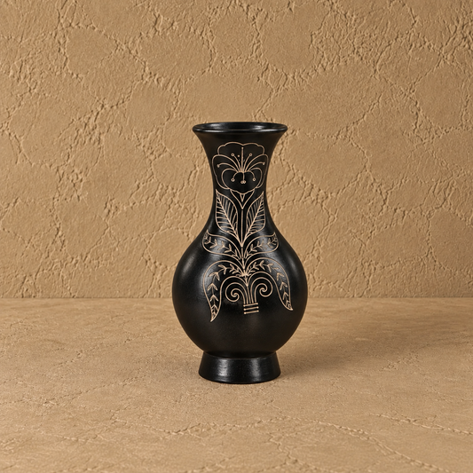 Garden Bloom | Flower Vase, Floral Silver Inlay, Black Pottery | Nizamabad, Azamgarh