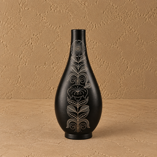 Botanical Bloom | Flower Vase, Floral Silver Inlay, Black Pottery | Nizamabad, Azamgarh