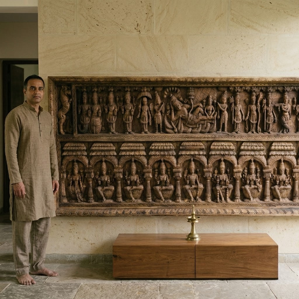 Dashavatara Aṣṭalakshmi Sabha Panel - Hand Carved in Poola Wood from Madhavamala, Andhra Pradesh