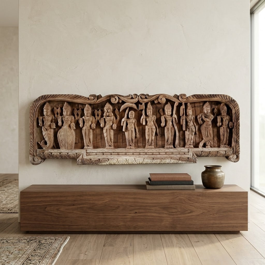 Ten Incarnations Processional Panel - Hand Carved in Poola Wood from Madhavamala, Andhra Pradesh
