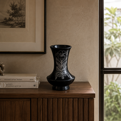 Trumpet Bloom | Flower Vase, Silver Inlay, Black Pottery | Nizamabad, Azamgarh