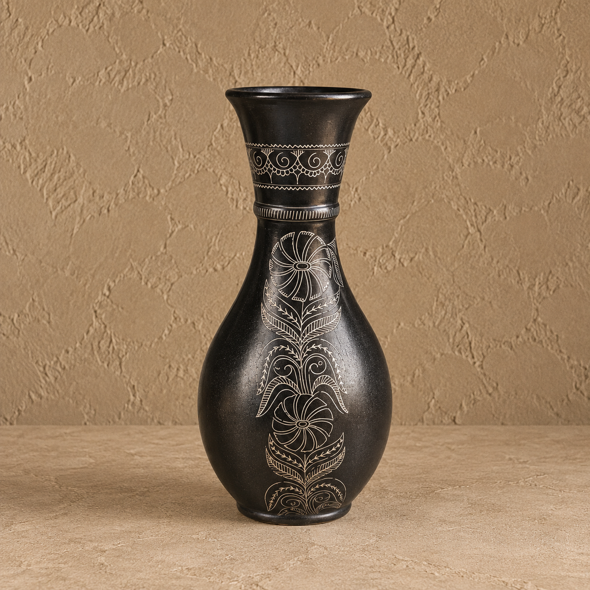Grace Gourd | Flower Vase, Silver Inlay, Black Pottery | Nizamabad, Azamgarh