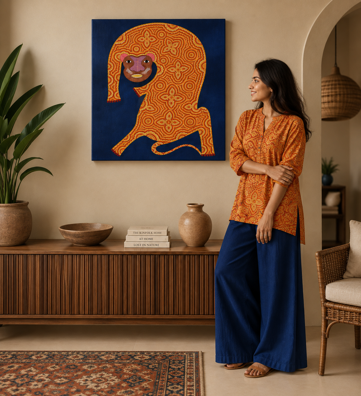 Tiger in Patient Stillness - Hand Painted Animal Pithora art from Chhota Udaipur, Gujarat