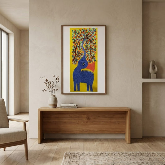 Elephant Beneath the Forest Crown - Hand Painted Pithora art from Chhota Udaipur, Gujarat