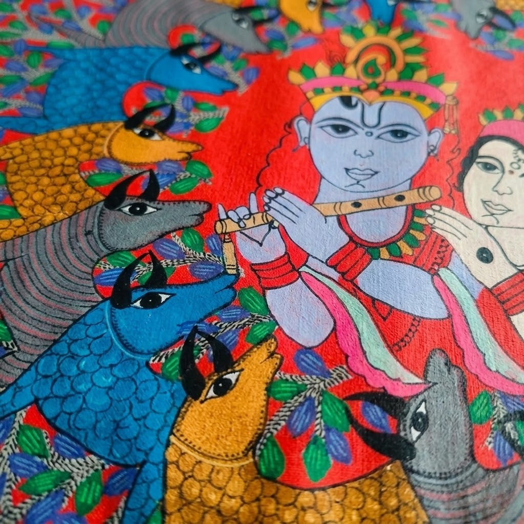 Radha Krishna with Forest Birds — Hand Painted Gond Art from Madhya Pradesh