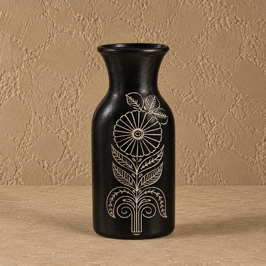 Floral Emblem | Flower Vase, Silver Inlay, Black Pottery | Nizamabad, Azamgarh