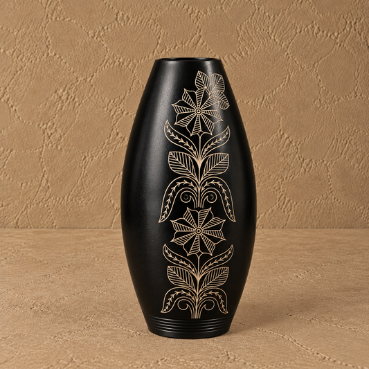 Petal Rhythm | Flower Vase, Floral Silver Inlay, Black Pottery | Nizamabad, Azamgarh