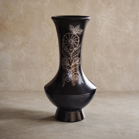 The Spire | Flower Vase, Silver Inlay, Black Pottery | Nizamabad, Azamgarh