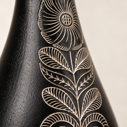 Botanical Bloom | Flower Vase, Floral Silver Inlay, Black Pottery | Nizamabad, Azamgarh