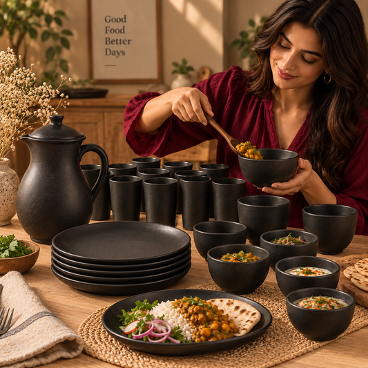 Monsoon Table | Pitcher, Plates, Tumblers & Bowls Set, Black Pottery | Nizamabad, Azamgarh
