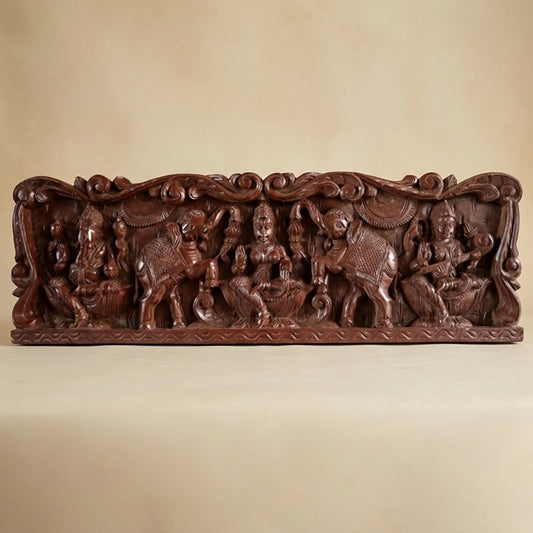 Gajalakshmi Threshold Panel  Rosewood Tone - Hand Carved in Poola Wood from Madhavamala, Andhra Pradesh