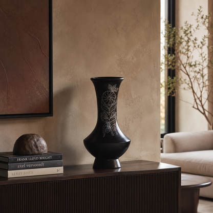 The Spire | Flower Vase, Silver Inlay, Black Pottery | Nizamabad, Azamgarh