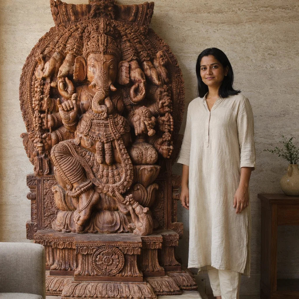 Panchamukha Ganapati Pratishtha - Hand Carved in Poola Wood from Madhavamala, Andhra Pradesh