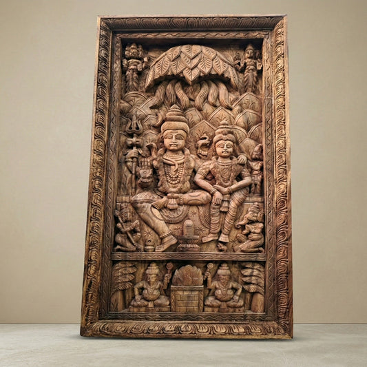 Shiva Parvati Temple Panel - Hand Carved in Poola Wood from Madhavamala, Andhra Pradesh