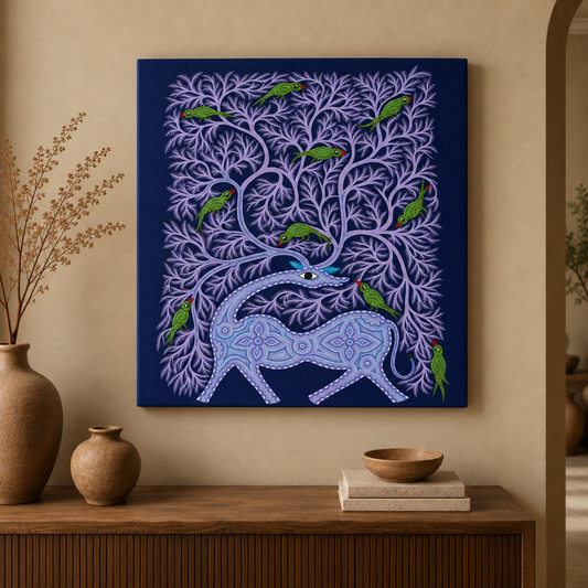 Deer Beneath the Speaking Tree - Hand Painted Animal Pithora art from Chhota Udaipur, Gujarat
