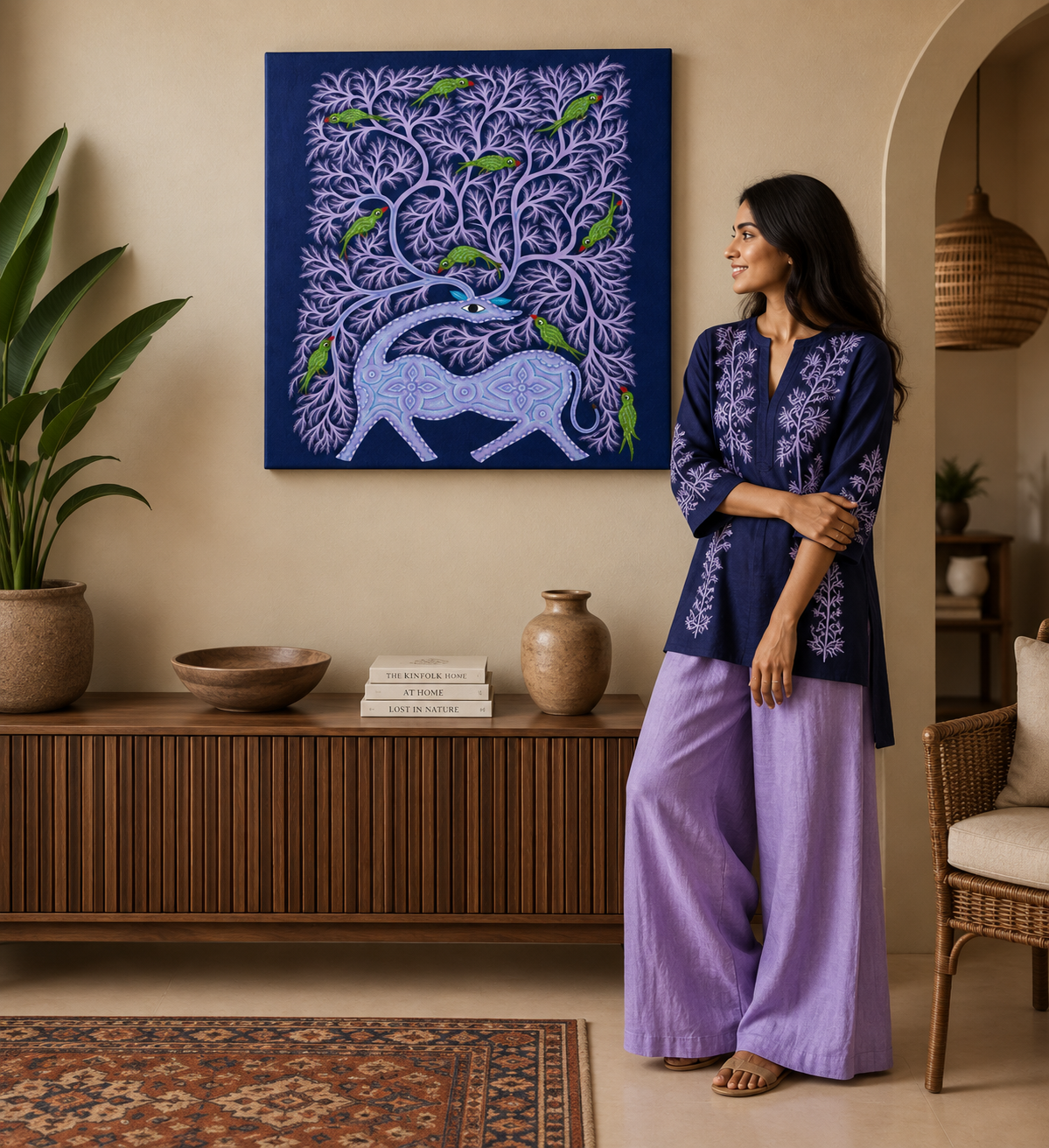 Deer Beneath the Speaking Tree - Hand Painted Animal Pithora art from Chhota Udaipur, Gujarat