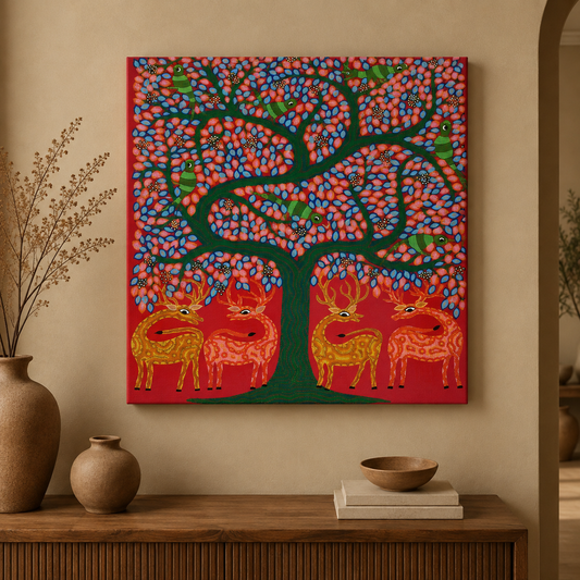 Gathering Beneath the Forest Tree - Hand Painted Animal Pithora art from Chhota Udaipur, Gujarat