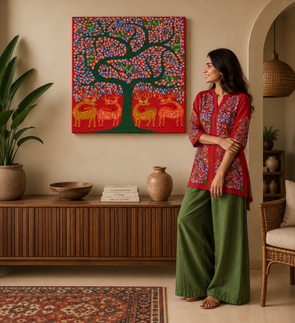 Gathering Beneath the Forest Tree - Hand Painted Animal Pithora art from Chhota Udaipur, Gujarat