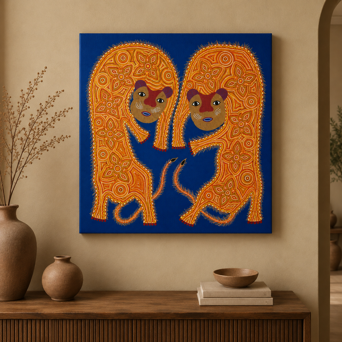 Two Forest Tigers - Hand Painted Animal Pithora art from Chhota Udaipur, Gujarat