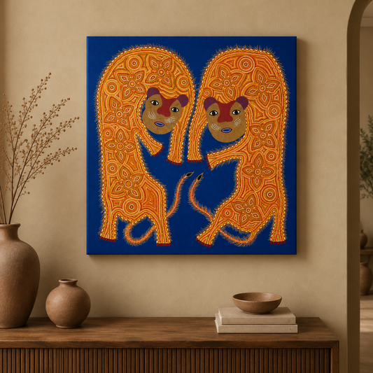 Two Forest Tigers - Hand Painted Animal Pithora art from Chhota Udaipur, Gujarat