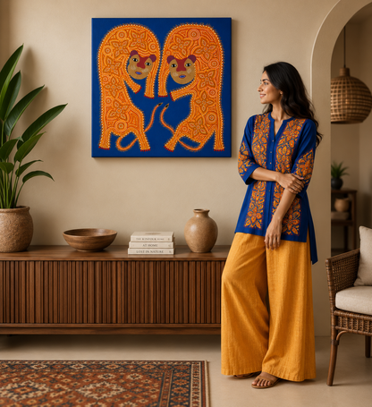 Two Forest Tigers - Hand Painted Animal Pithora art from Chhota Udaipur, Gujarat