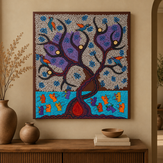 River Beneath the Listening Tree - Hand Painted Pithora art from Chhota Udaipur, Gujarat