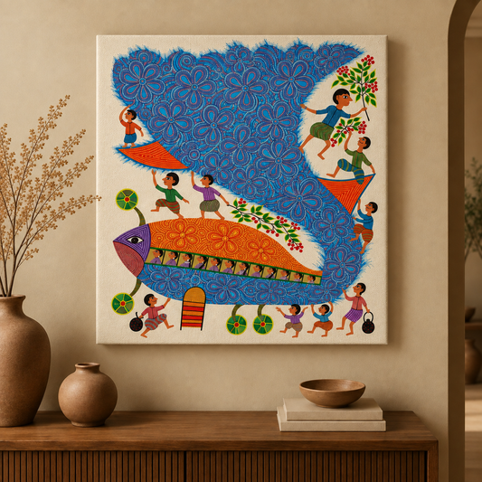 Bird That Carries the Village - Hand Painted Pithora art from Chhota Udaipur, Gujarat