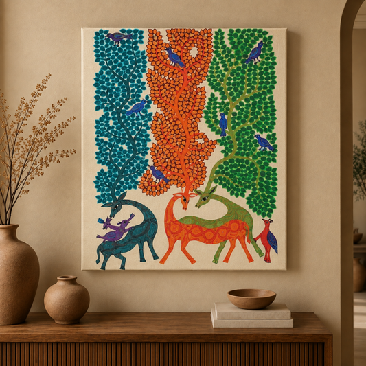 Three Trees of the Forest - Hand Painted Animal Pithora art from Chhota Udaipur, Gujarat