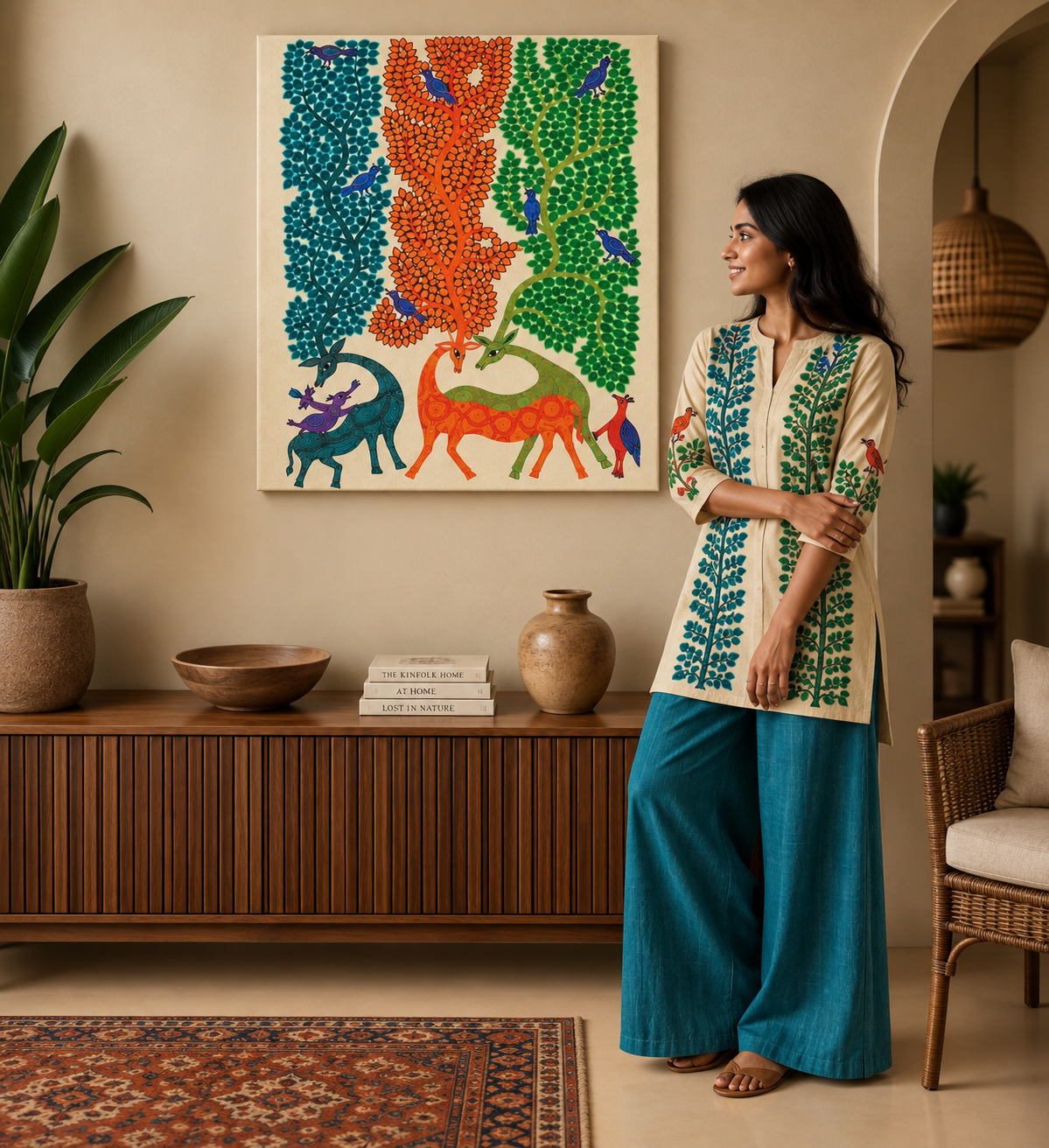Three Trees of the Forest - Hand Painted Animal Pithora art from Chhota Udaipur, Gujarat
