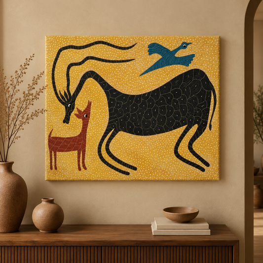 Antelope and the Young Deer - Hand Painted Animal Pithora art from Chhota Udaipur, Gujarat