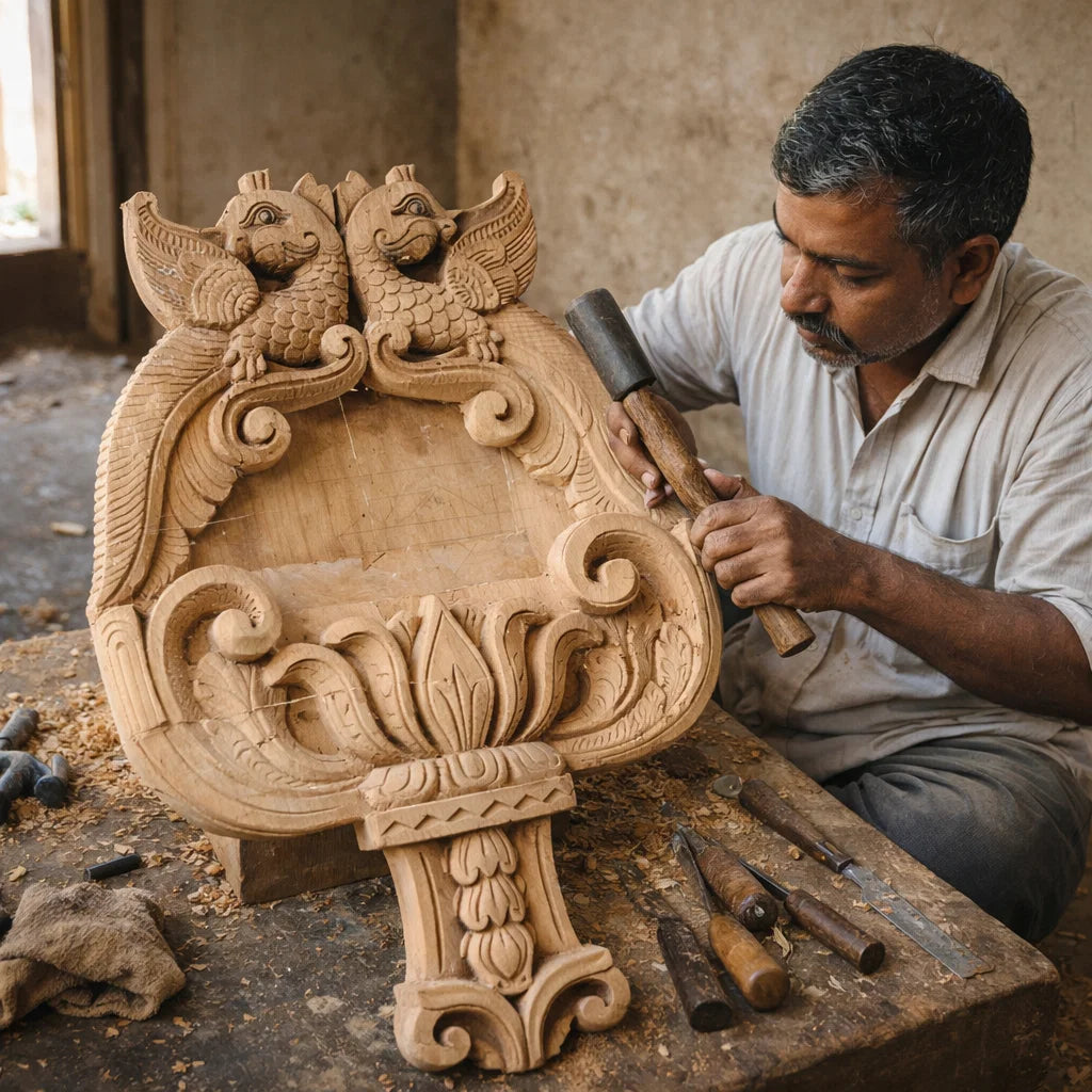 Dwi-Suka Pratibimba Frame - Hand Carved in Poola Wood from Madhavamala, Andhra Pradesh