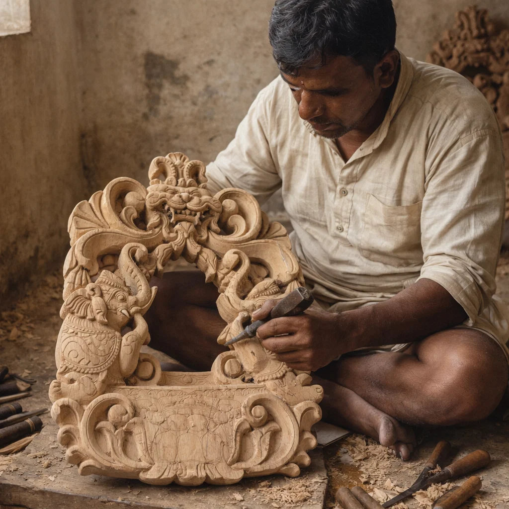 Gaja Dvara Wooden Mirror Frame-  Hand Carved in Poola Wood from Madhavamala, Andhra Pradesh