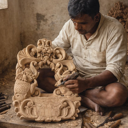 Gaja Dvara Wooden Mirror Frame-  Hand Carved in Poola Wood from Madhavamala, Andhra Pradesh