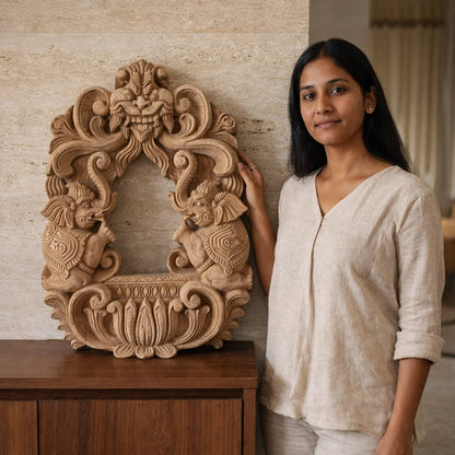 Gaja Dvara Wooden Mirror Frame-  Hand Carved in Poola Wood from Madhavamala, Andhra Pradesh