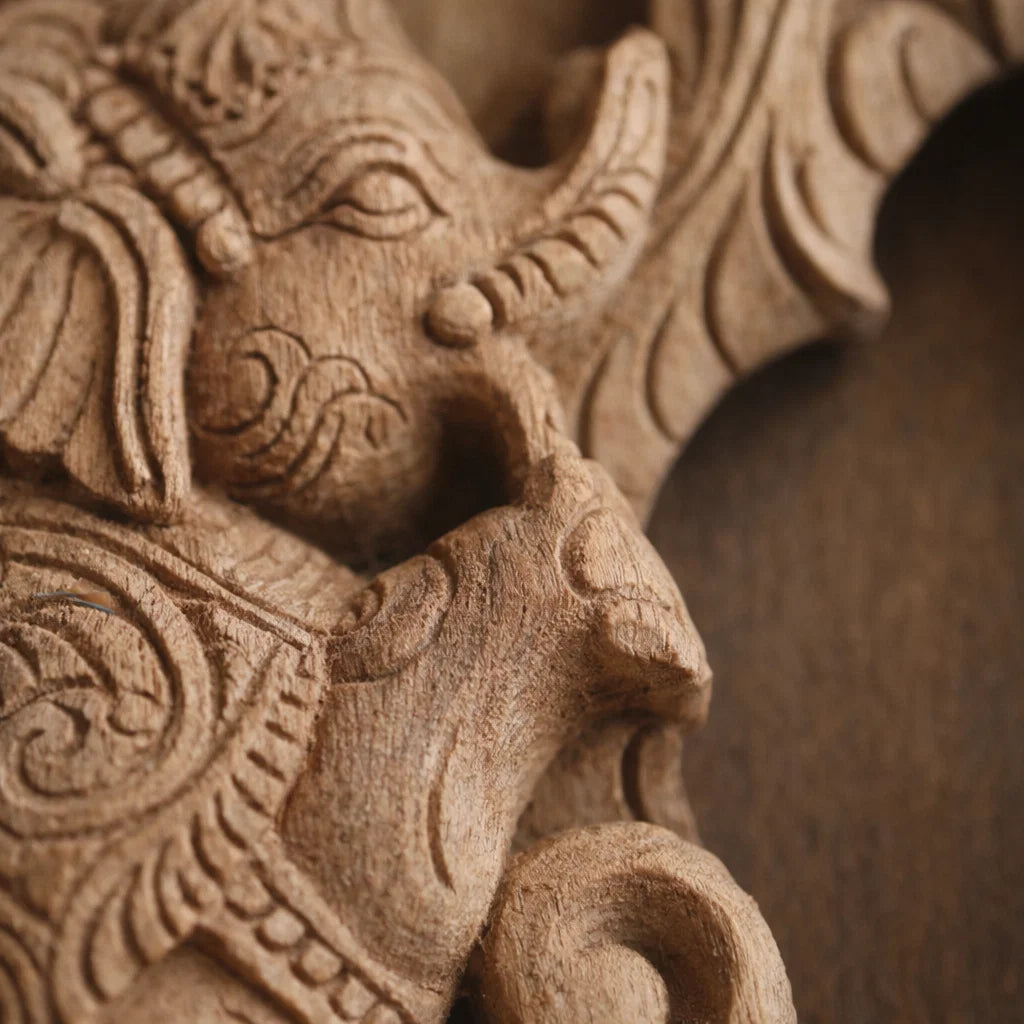 Gaja Dvara Wooden Mirror Frame-  Hand Carved in Poola Wood from Madhavamala, Andhra Pradesh