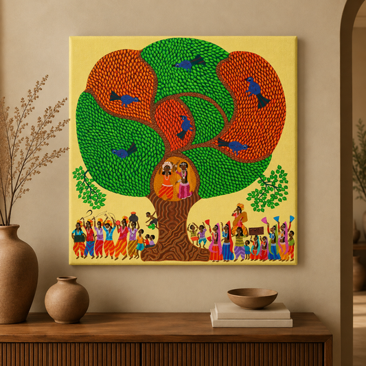 Gathering Beneath the Sacred Tree - Hand Painted Pithora art from Chhota Udaipur, Gujarat