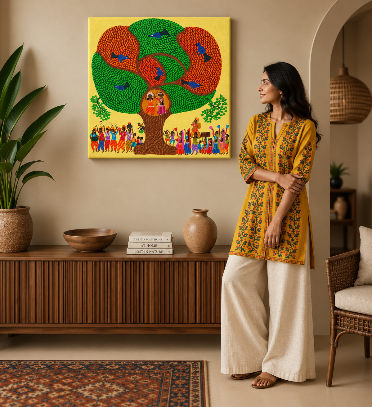 Gathering Beneath the Sacred Tree - Hand Painted Pithora art from Chhota Udaipur, Gujarat
