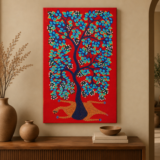 Leopard Beneath the Fruit Tree - Hand Painted Animal Pithora art from Chhota Udaipur, Gujarat