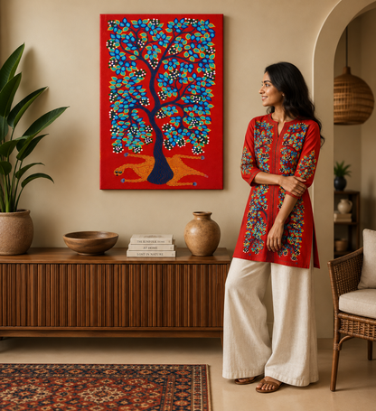 Leopard Beneath the Fruit Tree - Hand Painted Animal Pithora art from Chhota Udaipur, Gujarat