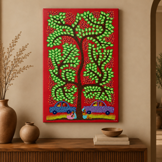 Journeys Beneath the Village Tree - Hand Painted Pithora art from Chhota Udaipur, Gujarat
