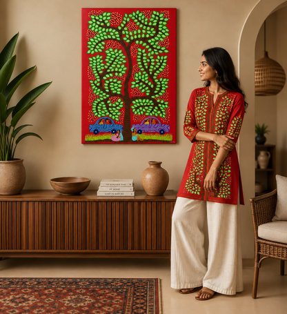 Journeys Beneath the Village Tree - Hand Painted Pithora art from Chhota Udaipur, Gujarat