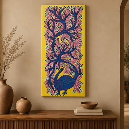 Peacock Beneath the Forest Canopy - Hand Painted Bird Pithora art from Chhota Udaipur, Gujarat