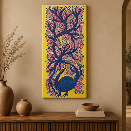 Peacock Beneath the Forest Canopy - Hand Painted Bird Pithora art from Chhota Udaipur, Gujarat