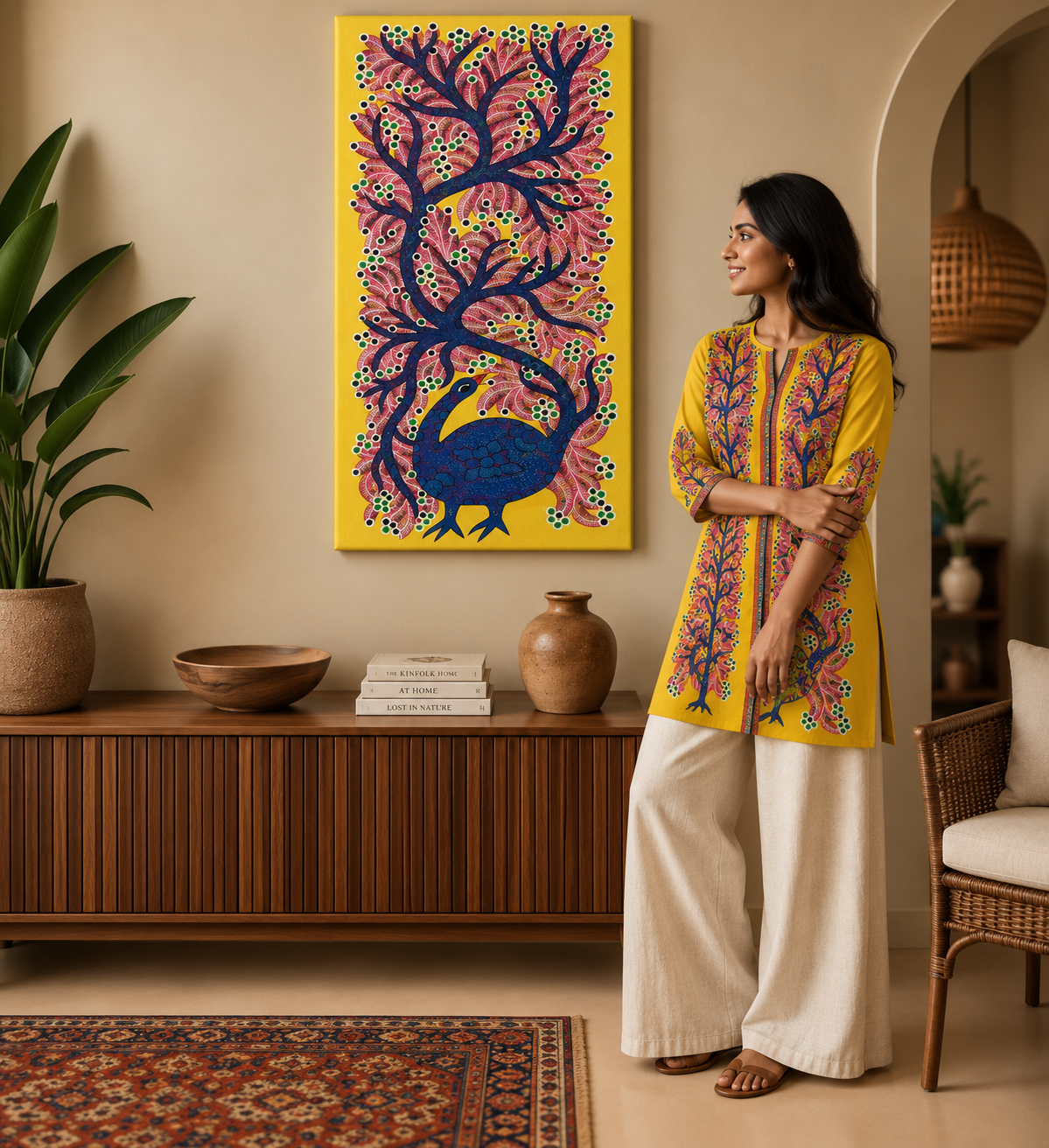 Peacock Beneath the Forest Canopy - Hand Painted Bird Pithora art from Chhota Udaipur, Gujarat