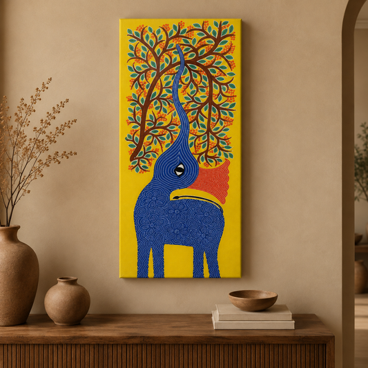 Elephant Beneath the Forest Crown - Hand Painted Animal Pithora art from Chhota Udaipur, Gujarat