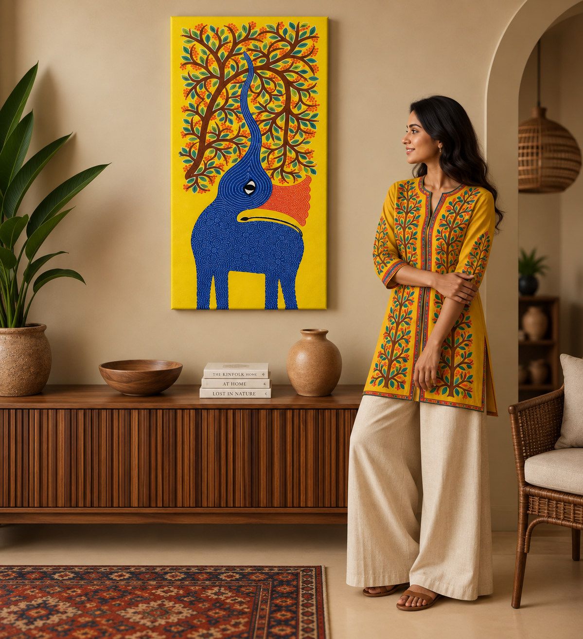 Elephant Beneath the Forest Crown - Hand Painted Animal Pithora art from Chhota Udaipur, Gujarat