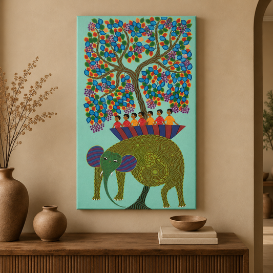 Elephant Carrying the Village - Hand Painted Animal Pithora art from Chhota Udaipur, Gujarat