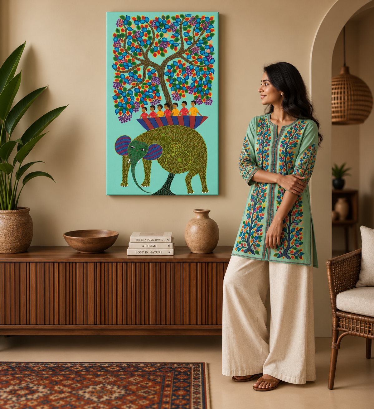 Elephant Carrying the Village - Hand Painted Animal Pithora art from Chhota Udaipur, Gujarat