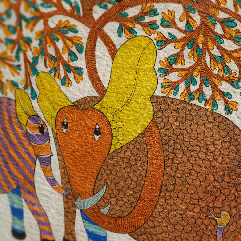 Elephants Beneath the Forest Canopy — Hand Painted Gond Art from Madhya Pradesh